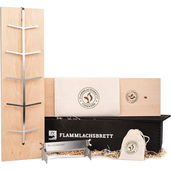 FINNWERK Stainless Steel Salmon Grilling Boards - Solid Birch Wood, Smoking Planks - Angle Adjustment System (Set of 1, Gift Set, Black)