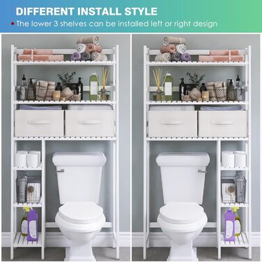 SMIBUY Over The Toilet Storage, 6-Tier Bamboo Bathroom Shelf with Drawers, Freestanding Over the Toilet Organizer Rack, Ample Storage, Space Saver for Small Spaces (Natural) (White)