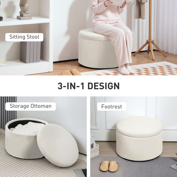 HOMCOM Storage Ottoman with Lid, Round Upholstered Footstool with Corduroy Look for Living Room, Bedroom 60 x 60 x 41 cm Beige | Aosom