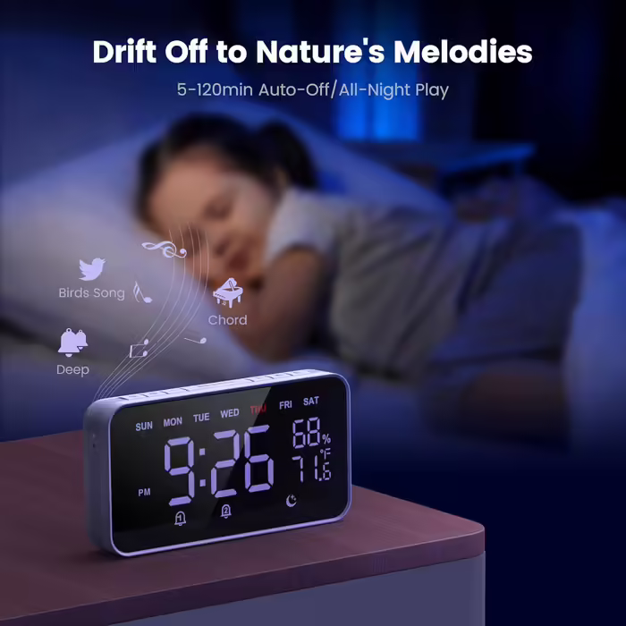 Dekala LED Digital Alarm Clock with Dual Alarms, Temperature & Humidity Sensor, Nightstand Function with Snooze, 12/24h Format, Large Automatically Dimming Display and Digitally Powered Clock