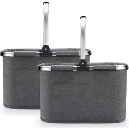 30L Family Shopping Bag Shopping Basket Foldable Carrying Basket Large Picnic Basket Folding Basket Travel Bag Practical Shopping Basket with Padded Handles - ideal for travel/picnic/shopping/gift (Gray-2pcs)