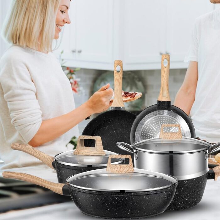 Набір каструль та сковорідок MDHAND з антипригарним покриттям, 12 предметів, чорний граніт, індукційне дно, без PFOA та PFOS