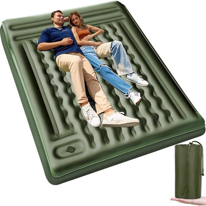 Airminti Self-Inflating Camping Mat - 12cm Thick, Lightweight Air Mattress with Foot Pump & Pillow - Outdoor Sleeping Pad for Camping, Trekking, Beach & Festival - Compact, Army Green (2 Person)