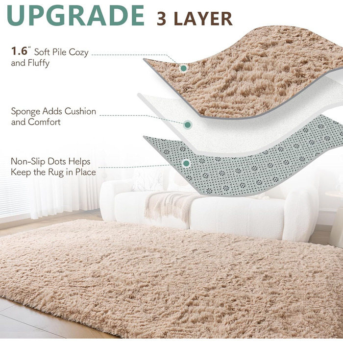 CHOSHOME Килим для спальні, вітальні: м'який, сучасний, з високим ворсом, антиковзаюча підкладка, для дитячої кімнати, шаги, 90x150 см (Бежевий, 150x240 см)