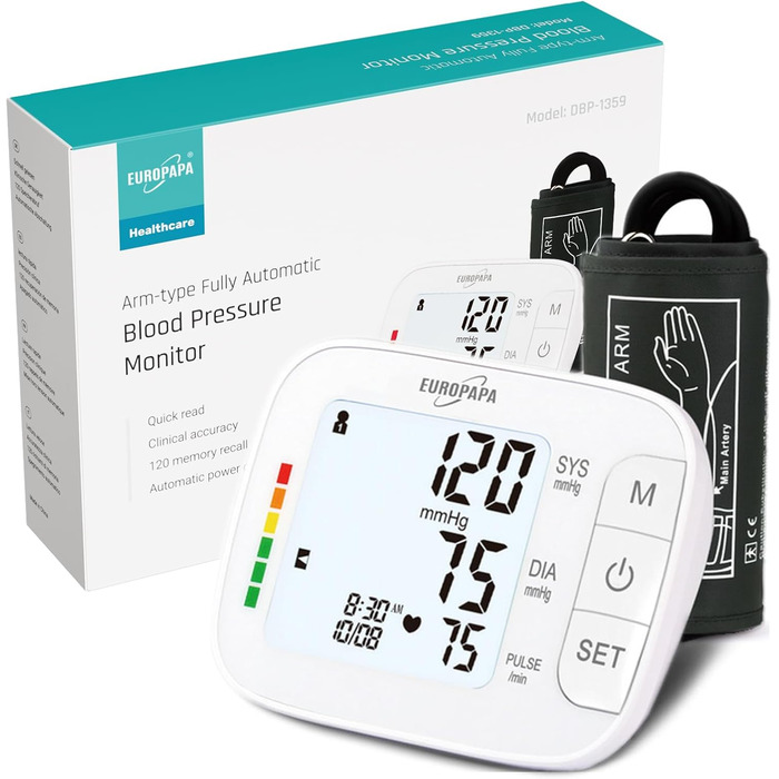 Тонометр EUROPAPA на плече для дому, вимірювання пульсу та артеріального тиску, велика манжета (22-42 см), 2 * 60 пам'ять, для 2 користувачів