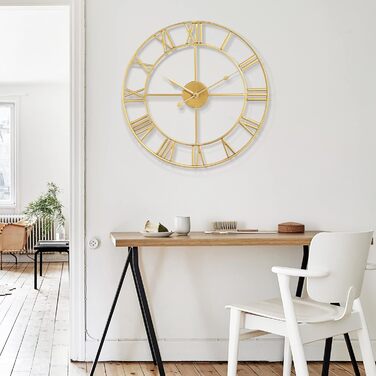 Maxstar Modern Roman Numeral Large Wall Clocks, Non-Ticking Round Metal Silent Vintage Wall Clock for Living Room, Kitchen, Bedroom, Garden Decor - Gold 40cm