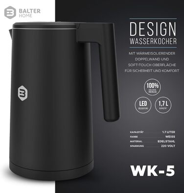 Balter Stainless Steel Kettle with Temperature Setting, 40°C-100°C, Double-Walled, BPA-Free, 1.7L, Black, WK-5-Touch