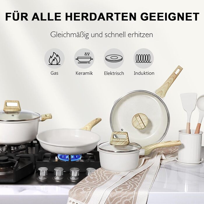 Набір посуду GiPP 17-ти частинний: каструлі, сковорідки з антипригарним покриттям, сковорідки 24+28 см, каструля 4.2 л, каструлі 16+18 см, сковорода для омлету з 4-ма отворами, лопатка та ложка, підходить для всіх типів плит (білий)