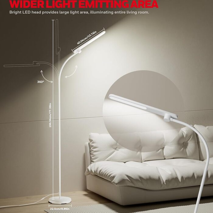 LED торшер Honeywell F4 Sunturalux™ з регулюванням яскравості, гнучкий гніздовий з'єднувальний елемент, сучасний дизайн для комфортного читання у вітальні, спальні, офісі (білий)