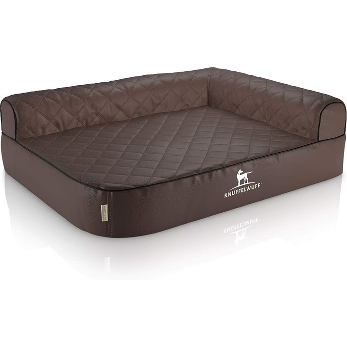 Ортопедичне собаче ліжко Knuffelwuff Winslow з лазерного стеганого штучного шкіряного покриття XXXL 140 x 100 см - знімний чохол - легко чистити - для великих та середніх собак (спинка праворуч, коричнева, розмір 140 x 100 x 27 см)