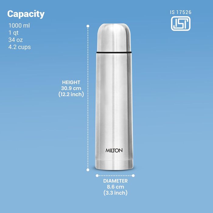 Термос Milton Thermosteel Flip Lid 1000 мл, вакуумна stainless steel пляшка для напоїв (гаряче/холодне до 24 год), герметична, срібляста