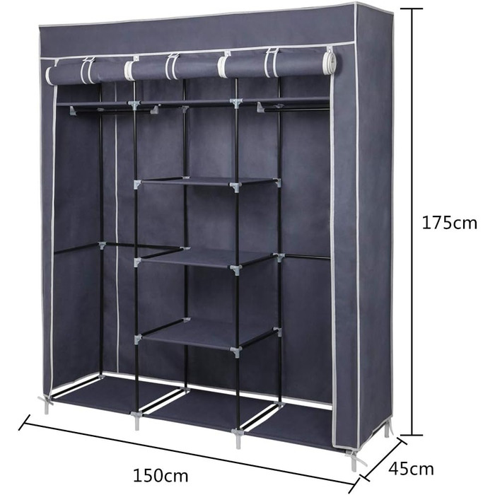 Wardrobe, Fabric Closet for Bedroom, Fabric Wardrobe, Large Storage Space, Sturdy Wardrobe, for Bedroom, Dressing Room, 150x45x175cm, Grey