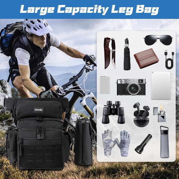 Тактична нагрудна сумка на ногу Jueachy, водонепроникна, для риболовлі, кемпінгу, чорного кольору (великий об'єм)