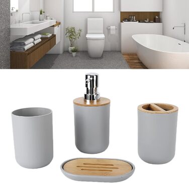 Набір аксесуарів для ванної кімнати на 4 предмети: тримач для зубних щіток, мильниця, дозатор для лосьйону, стакан для ополіскувача, сучасне оздоблення для дому та готелю (сірий)