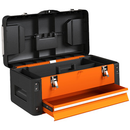 HOMCOM Empty Tool Box, 49.7 x 25.3 x 23 cm Tool Chest with Drawer, Mini-Box, Top Storage Compartment, Handle, Steel Tool Case, Orange | Aosom
