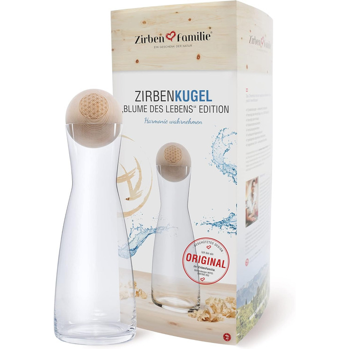 Zirben Familie® The Original ZirbenKugel Set Water Carafe | Imparts a special touch to your water | 1 Liter SPIEGELAU carafe made of crystal glass with a Swiss stone pine wood lid | Flower of Life Edition