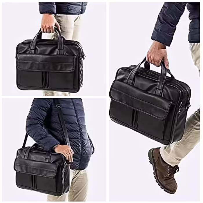 Seyfocnia Courier Bag, Travel Bag, Briefcase, Leather, Handmade, Laptop Bag, Black, 17.3 inches