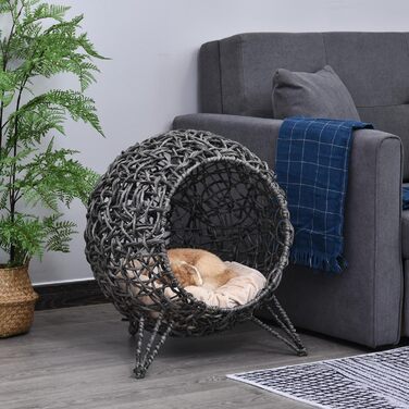 PawHut Rattan Cat House with Cushion, Cat Sleeping Place, Cat Cave with Raised Feet, Natural Ø52 x 58 cm (Silver Grey)
