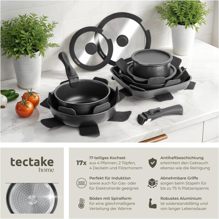 Набір посуду Tectake 17 предметів з антипригарним покриттям для індукційних плит: каструлі, сковороди та кришки