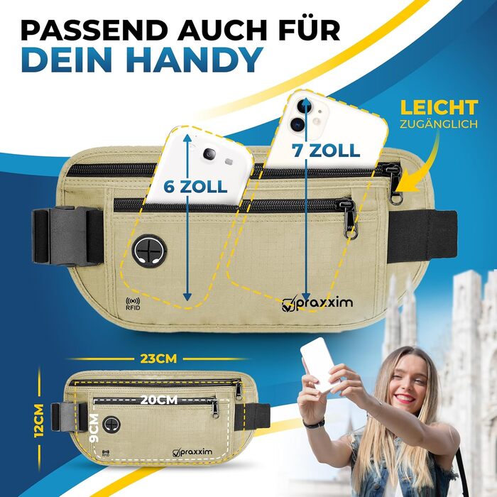 Сумка на пояс для подорожей: захист від крадіжок, RFID-захист, плоска, під одяг, для жінок та чоловіків (Бежева)