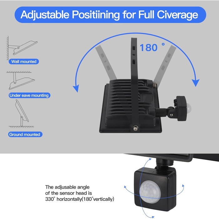 LED Floodlight 50W, Outdoor 5000LM, Spotlight 72 LED IP65 Waterproof, Outdoor Floodlight 6500K Cold White, 230V for Garage, Garden 【2 Pieces Black】 (50wgj 6500k Cold White, Motion Sensor)