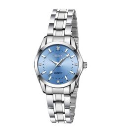 Жіночий аналоговий кварцовий годинник на сталевому браслеті, 3 стрілки, корпус 27 мм (сріблястий, світло-блакитний)