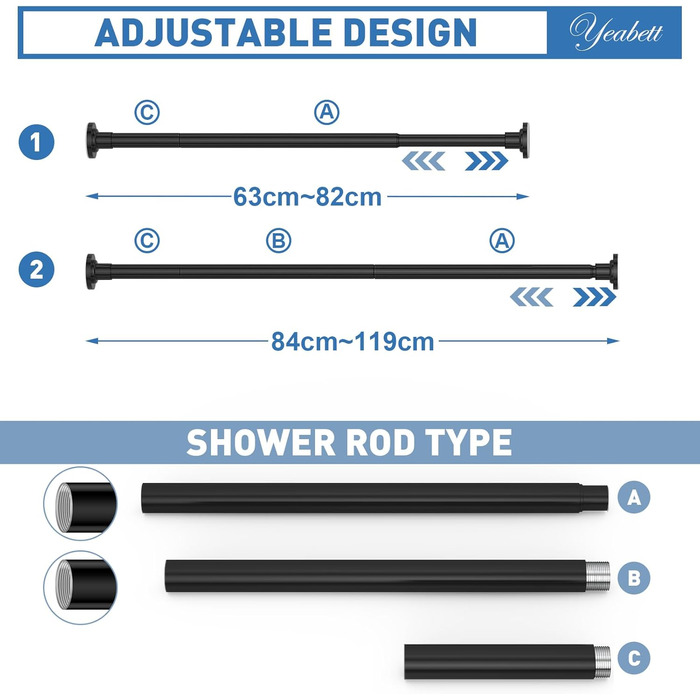 Штанга для штор без свердління, 48-119.4 см, телескопічна, кріпиться без свердління, чорна. Підходить для душу та штор. 1 шт.