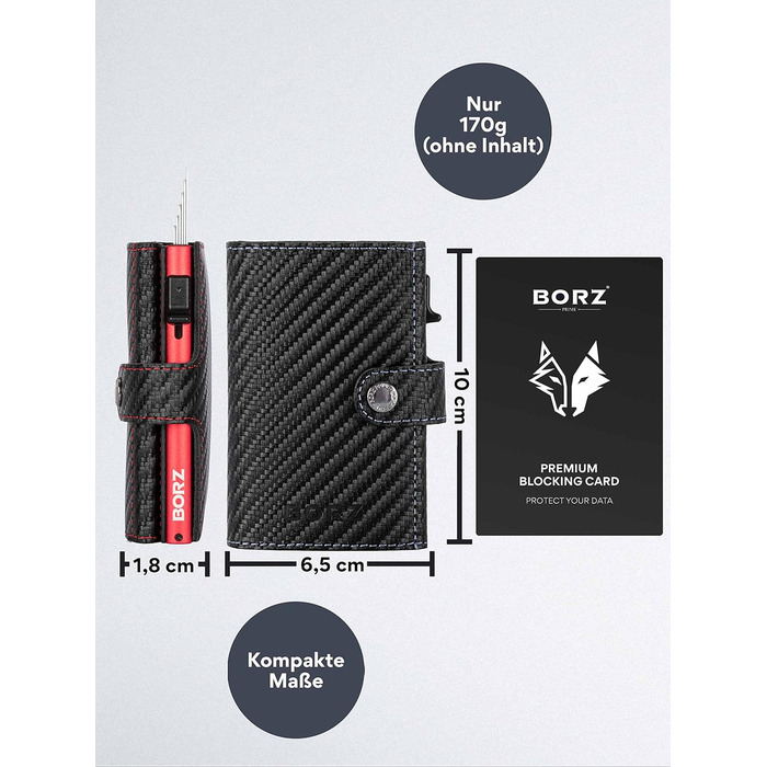 Крутий чохол-картхолдер BORZ Prime для AirTag з відділенням для монет, цифровою візитною карткою, захистом RFID, карбоном та червоною строчкою. Slim, шкіряний, з червоною строчкою.