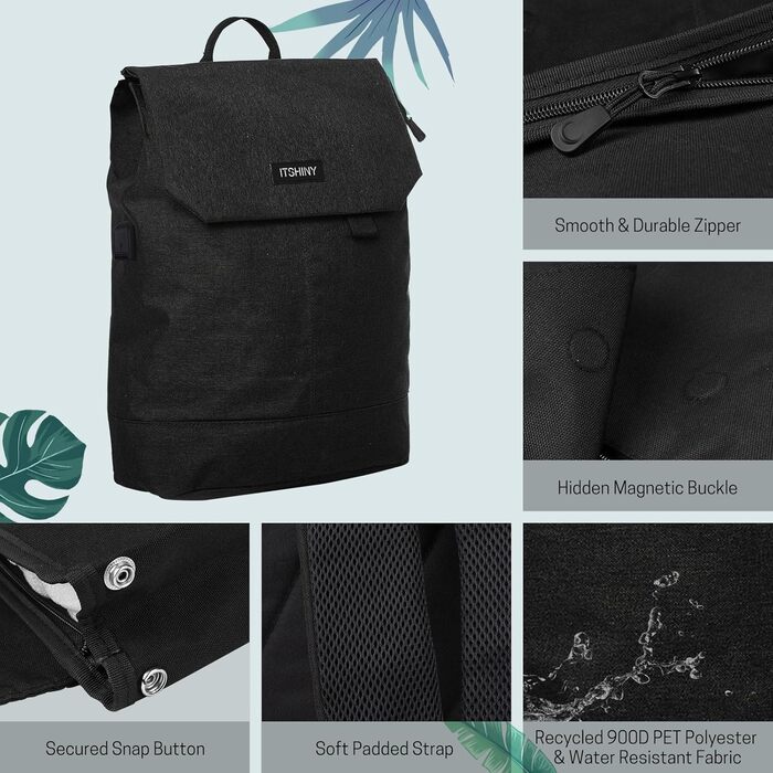 Women's Rucksack, Daypack Women's Waterproof Backpack with 15.6-inch Laptop Compartment & Anti-Theft Bag for Trips, University, School & Office - 16L (Black)