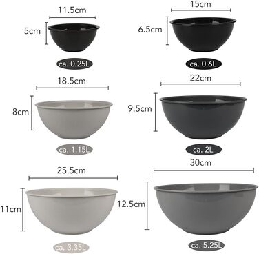 Набір місок для перемішування BoxedHome з кришками, 12 штук. Пластикові салатники з неслизьким дном, набір для кухні (6 місок та 6 кришок, сірий градієнт)