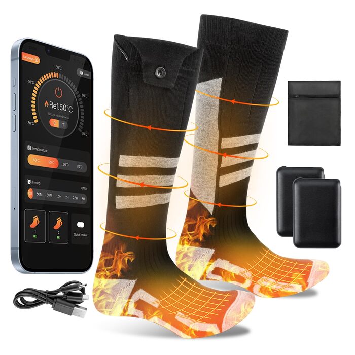 Гріючі шкарпетки для жінок та чоловіків, 5000/8500mAh з додатком, повна підошва, акумуляторні, миючі, 4 режими нагріву, для зимового кемпінгу, полювання, риболовлі, їзди на конях, катання на лижах, розмір M
