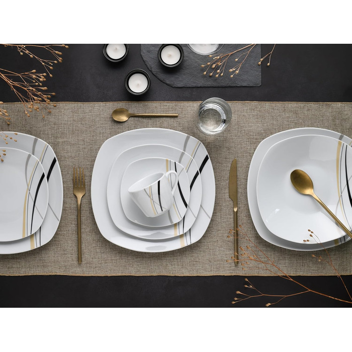 CreaTable Geschirrset Square City Line: 12-teilний сервіз для 6 осіб з порцеляни, сумісний з мийною машиною та мікрохвильовою піччю