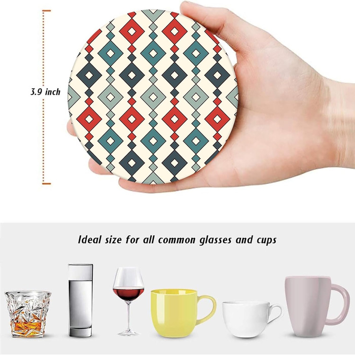 Drink Coasters 6-Piece Set, Geometric Tribal Boho Blue Red Absorbent Round Ceramic Stone Mat with Cork Bottom and Metal Holder, Housewarming Gift for Bar Decor