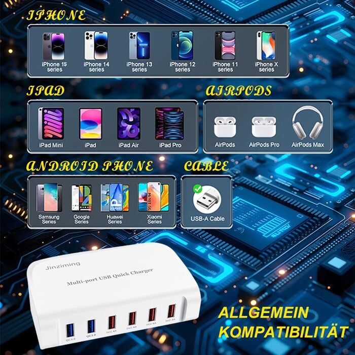 USB зарядний пристрій 20 портів, портативна станція швидкої зарядки для iPhone, iPad, Samsung, Google, Xiaomi, Huawei та інших пристроїв