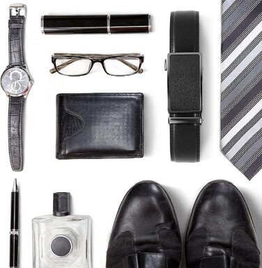 Чоловічий шкіряний ремінь Flintronic з автоматичною пряжкою (ратинг), ширина 3.5 см, довжина 130 см, з лінійкою та брелоком (у подарунковій коробці), чорний