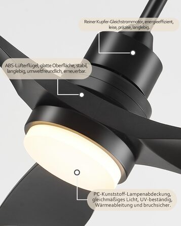 Стеляний вентилятор з підсвічуванням та пультом дистанційного керування, тихий DC двигун, 132 см/52 дюйми, 3 дерев'яних лопаті, таймер, 6 швидкостей, сертифікований ETL, режим літо/зима для спальні (132 см/52 дюйми, Чорний)