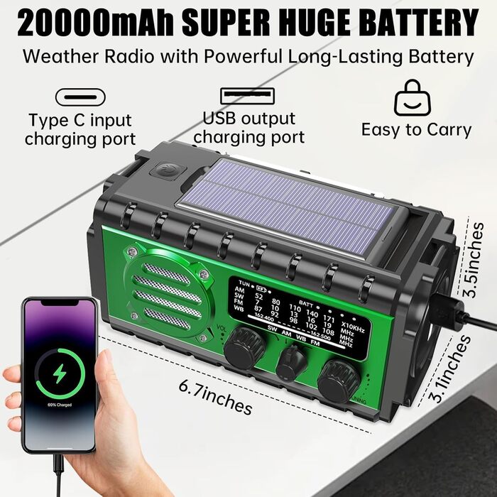Сонячне радіо з ручним генератором 20000mAh, аварійне радіо SW/AM/FM з Powerbank, LED-ліхтарик, лампа для читання, SOS-сигнал, USB-порт для активного відпочинку