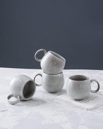 Set of 4 porcelain cups, 600mL coffee cup set for 4 people, modern style, breakfast mugs, exquisite tableware set, suitable for dishwashers, light grey