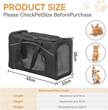 Транспортна сумка Petsfit для собак та котів, переноска для тварин, підходить для подорожей літаком, автомобілем та потягом (S, чорний)