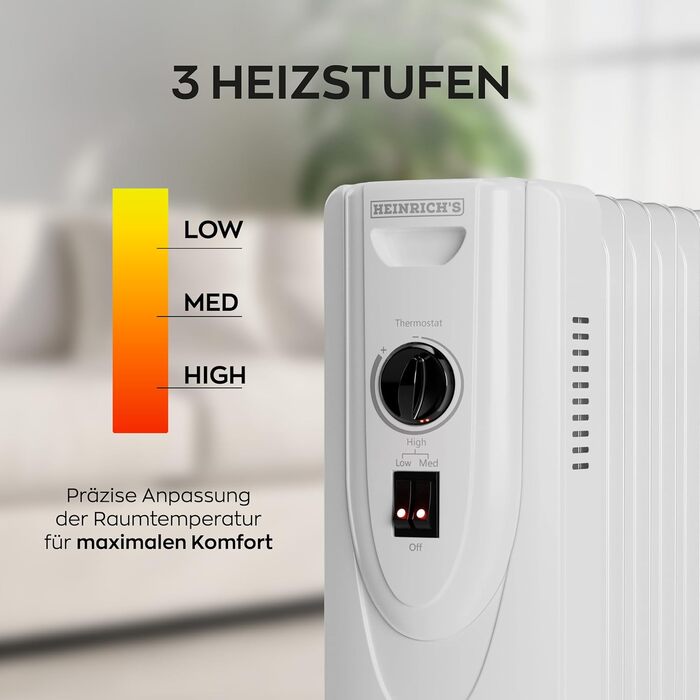 Електричний масляний радіатор Heinrich з 13 ребрами, 2500W, з вентилятором, терморегулятором, захистом від перегріву та нахилу, чорний (білий 11 ребер)