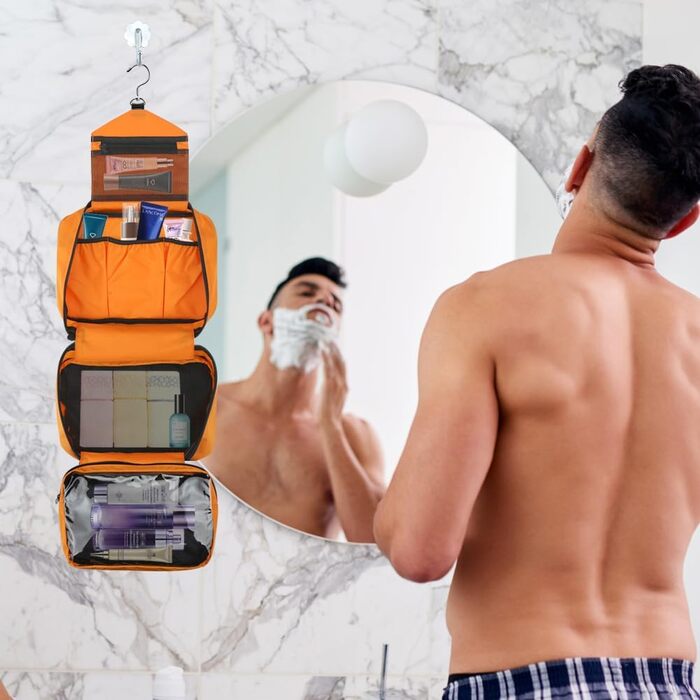 Подорожня туалетна косметичка для чоловіків та жінок з 4 відділеннями, велика місткість, компактна, оранжевого кольору