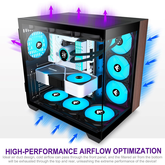Корпус ПК FOIFKIN M9 з дерев'яною передньою панеллю з горіха, 3 вентилятори PWM ARGB, ATX Mid-Tower для геймінгу, 270° панорамне скло, порт Type-C (Чорний, M9)