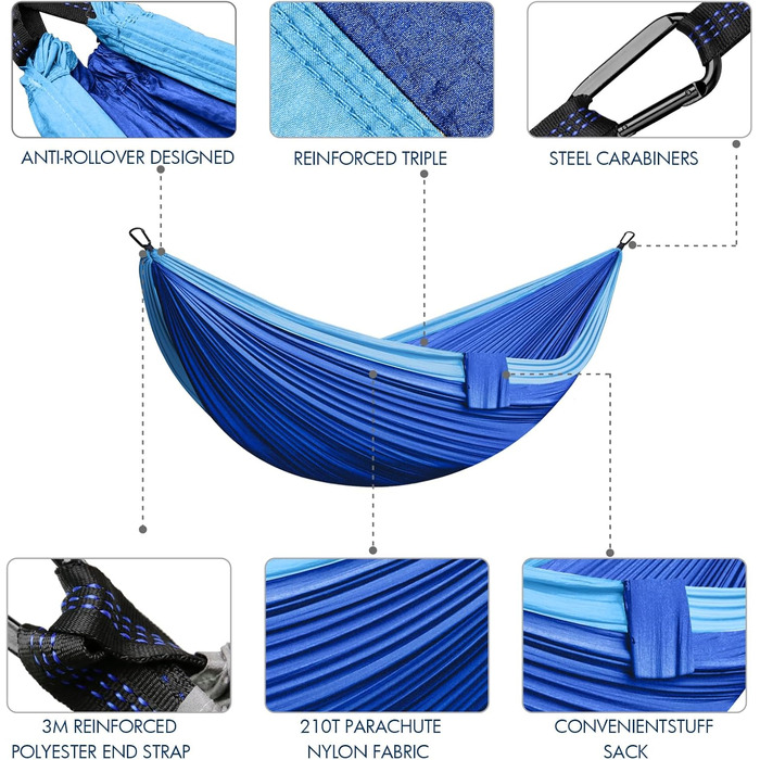 Гамак для відпочинку на відкритому повітрі, кемпінгу, 2 особи, 300 x 200 см, ультралегкий, портативний, для подорожей, вантажопідйомність до 300 кг, сапфірово-блакитний, нейлон, дихаючий