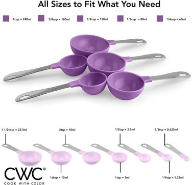 COOK WITH COLOR Measuring Cup Set and Measuring Spoon Set, Stainless Steel Handles, Nesting Kitchen Measuring Set, Liquid Measuring Cup Set, 12-Piece, Stainless Steel, Lavender