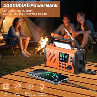 Радіо з ручним приводом DAB FM, 20000mAh, Радіо для надзвичайних ситуацій з сонячною панеллю, Bluetooth, годинник, зарядний пристрій для телефону, ліхтарик, компас SOS, радіо виживання (Помаранчевий)