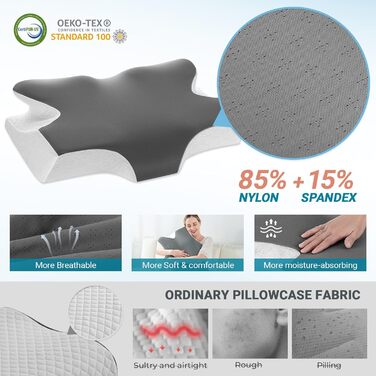 Ортопедична подушка Elviros з Memory Foam, ергономічна подушка для шиї, для тих, хто спить на боці, спині та животі, знімний чохол, Space Grey, 64×(11,5/13)×40 см