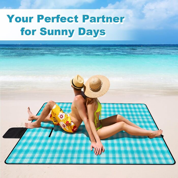 Килимок для пікніка SOMLAW водовідштовхувальний, великий, 200x200 см, для 4-6 осіб, з ручкою, ідеальний для кемпінгу та пляжу (Himmelblau Kariert)