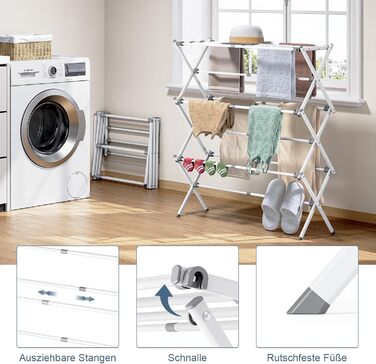 Складаний сушильник для білизни з 11 перекладинами, 3-ярусний розсувний, для дому та вулиці, сірий та білий