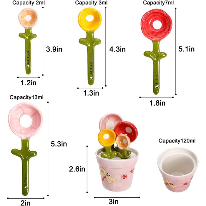 Ceramic Measuring Spoon Set in a Jar – Floral Pink Jar, Adorable Measuring Cups, Spoons for Dry and Wet Ingredients, 1 Tablespoon, 1 Teaspoon, 1/2 Teaspoon, 1/4 Teaspoon, 1 Cup