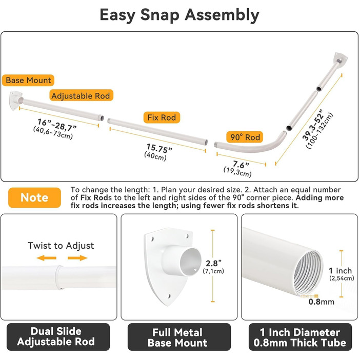 Штанга для душу L-подібної форми, регульована, з 12 кільцями та опорою для стелі, для ванни/ванної кімнати, білий, 60-130см x 60-130см